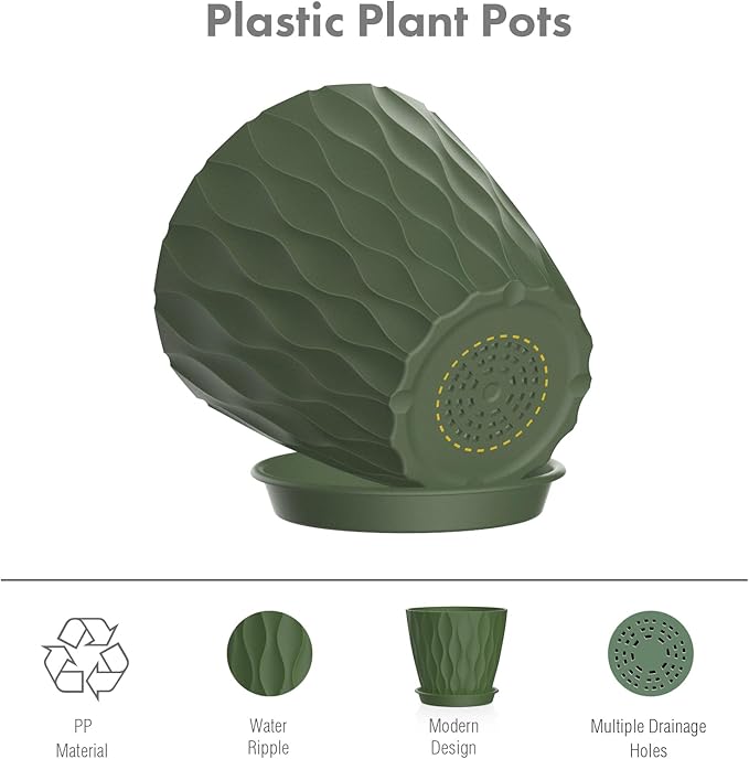 Meowell 4 inch Small Plastic Nursery Pots, Seedling Pots, 5 Set Water Ripples Plant Pots for Indoor Plants, Flower Pots with Drainage Holes and Saucers, Seed Starter Pots for Succulent, Colorful