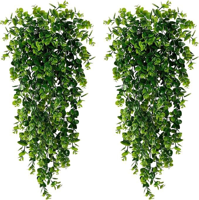 2Pcs Artificial Hanging Plants Eucalyptus Leaves UV Resistant Fake Vines Ivy Artificial Plants Outdoor Faux Plants Indoor Bedroom Living Room Boho Wall Porch Shelf Decor