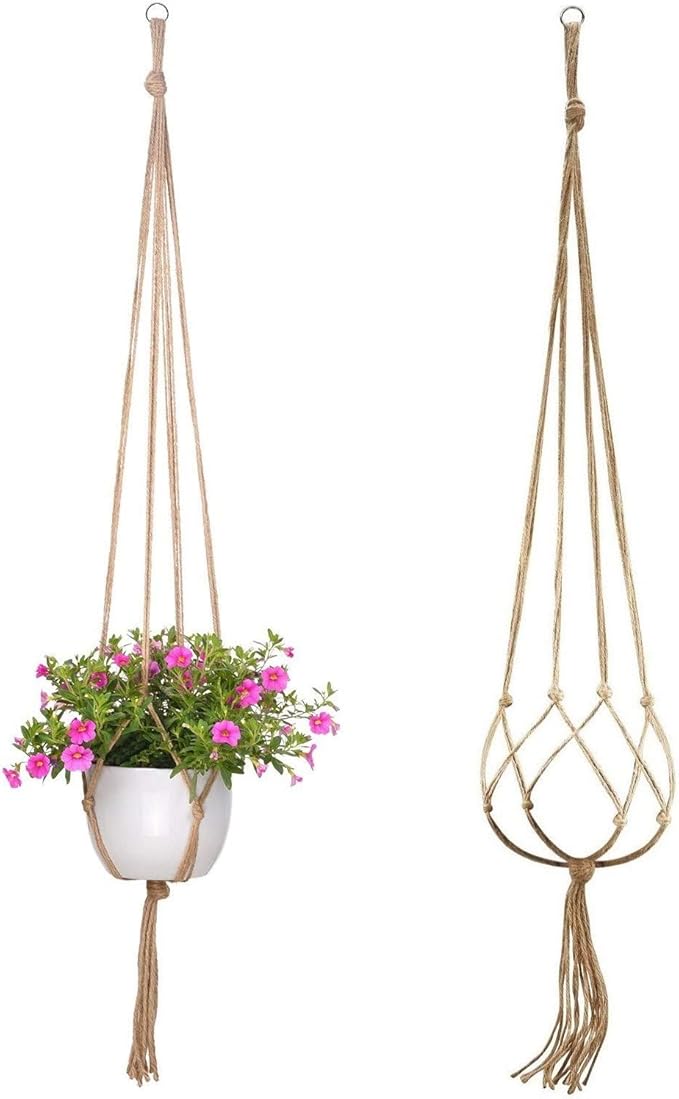 2 Pcs Macrame Plant Hanger Basket Liners with Country Style Natural Jute, Elegant for Home Garden, Patio and Office, Indoor & Outdoor Decoration, ONLY Hanger, NO Plant or Pot (48")