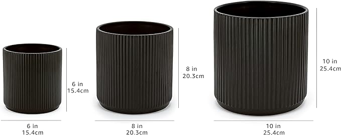 Amazon Basics Fluted Ceramic Round Planters with Drainage Hole, Indoor Outdoor Flower Pots, Assorted Sizes 6, 8, 10 inch, Set of 3, Black