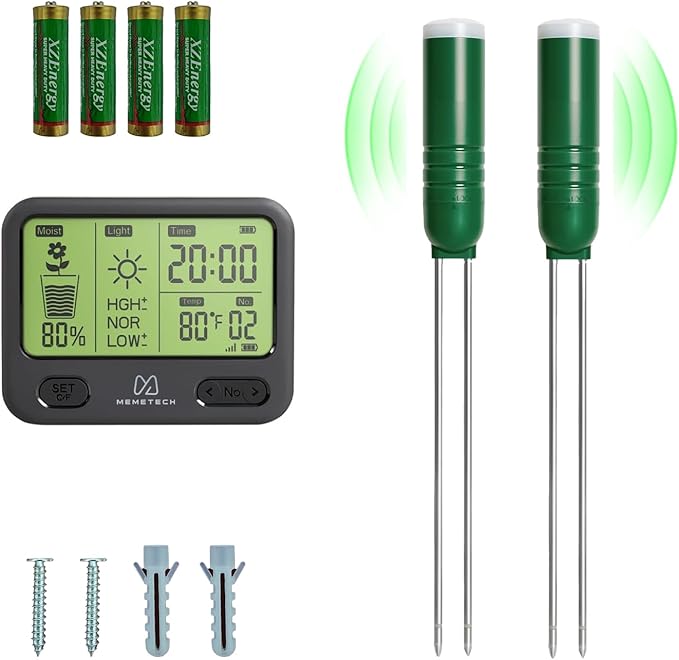 4-in-1 Soil Meter for Plants, Wireless Remote Monitor for Temperature Moisture Light Timing in One Board, Use for Garden Pot Turf lawns Farms greenhouses（1 Meter and 2 Sensior）, Black