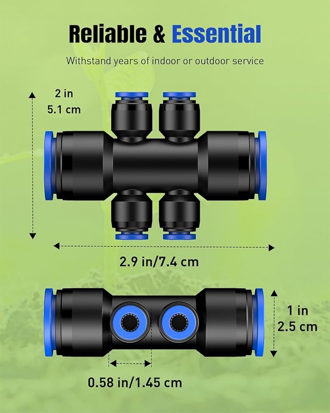 Pawfly 12 Pcs Quick Connect 1/2" to 1/4" Drip Irrigation Fittings for 1/2" Tubing (0.62-0.63" OD), Push-to-Fit 6-Way Reducing Tees Reducer Tee Connectors, Anti-Leak Drip Irrigation Tee Fittings