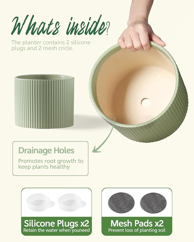 Ceramic Plant Pots, 8.1 + 6 Inch Planters for Indoor Plants, Modern Flower Pot for Plant with Drainage, Medium Cylinder Flower Pots for Indoor/Outdoor, House Plants, Matte Green