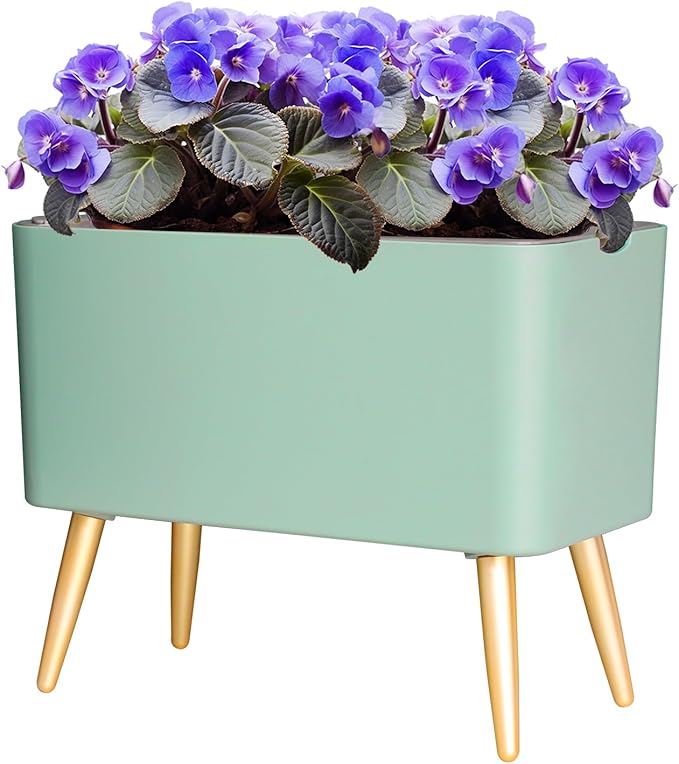 Oliz 13.5 Inch Planter Pot with Metal Craft Legs, Self Watering Planter Pots with Water Shortage Alarm Plant Pot for Indoor Outdoor Decorative Succulents Herb (B- Green)