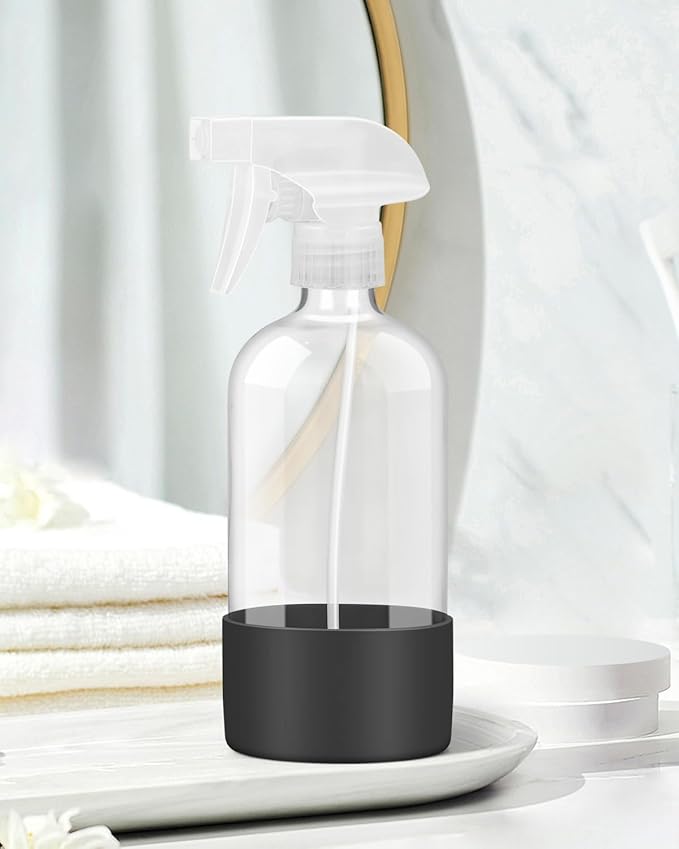Rionisor Glass Spray Bottles with Silicone Sleeve Protection, Empty 16OZ Reusable Spray Bottles, Refillable Containers with Spray Nozzles for Cleaning Solutions, Plants and Essential Oils 1 Pack Black