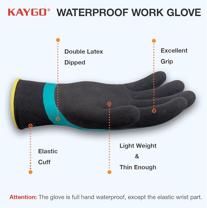 KAYGO Waterproof Work Gloves for Men and Women, Rubber Coated Non-slip Working Gloves for Garden, Outdoor Construction,KG150, Blue, XL