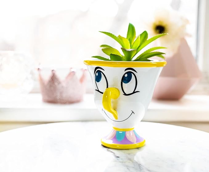 Silver Buffalo Disney Beauty and The Beast Chip 3-Inch Ceramic Mini Planter with Artificial Succulent | Small Flower Pot, Faux Indoor Plants for Desk Shelf, Home Decor Trinket Tray and Collectibles