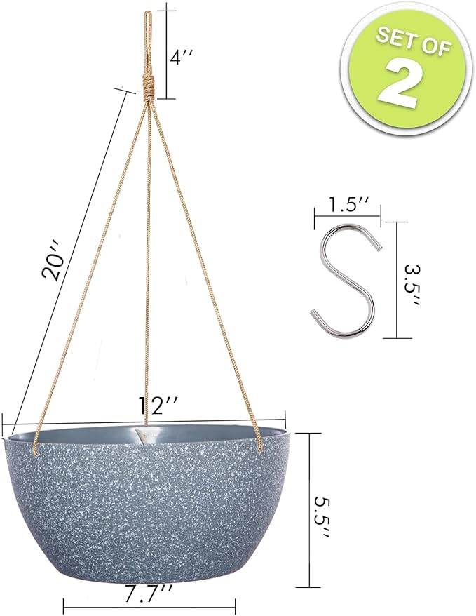 SwinDuck 12 Inch 2 Pack Large Hanging Planters for Indoor Outdoor Plants, Plastic Hanging Basket Pots for House Plants Flowers, Grey