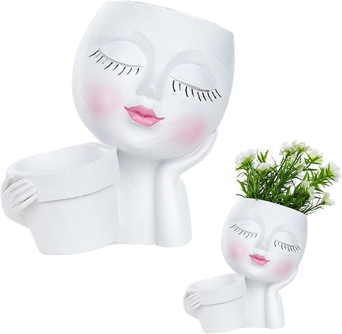 Lady Face Resin Planter Pot - Dual Planting Spaces & Drainage Holes, Indoor/Outdoor Decor for Succulents/Cactus - Unique Gift for Plant Lovers (White)