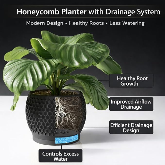 Plant Pots, Modern 3D Printed Honeycomb Planters for Indoor Plants, 4.7 Inch Matte Black Decorative Flower Pot for Office Desktop, Bookshelf & Home Decor, Lightweight & Durable.