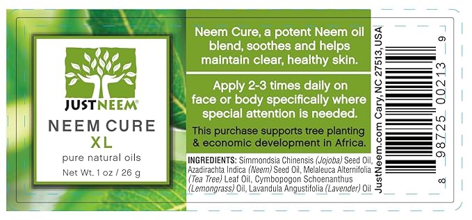JustNeem Neem Cure Oil XL - Natural Neem Oil Blend- Best on Acne, Psoriasis, Eczema, Rosacea, Cold Sores, Toe Nails, Bug and Spider Bites and Other Skin Irritations. With Spray Head. 1 oz