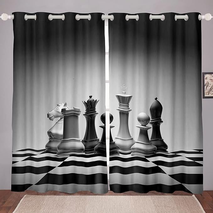 Feelyou International Chess Curtains Chess Board Window Curtains Bedroom Living Room Kids Room Decor Boys Teens Cool Games Window Drapes Geometric Grid Window Treatments 52W X 90L,2 Panels
