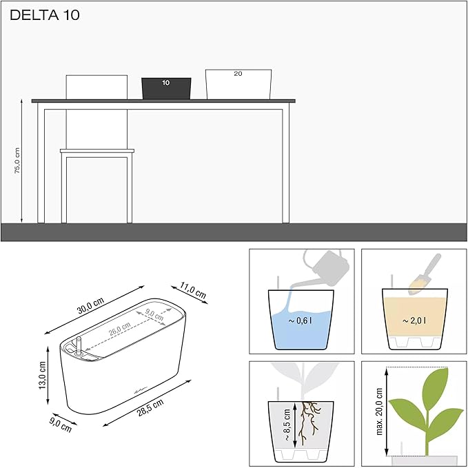 Delta 10 Cream White High Gloss, Self-Watering Planter Indoor, H5.1 L11.8 W4.3 in