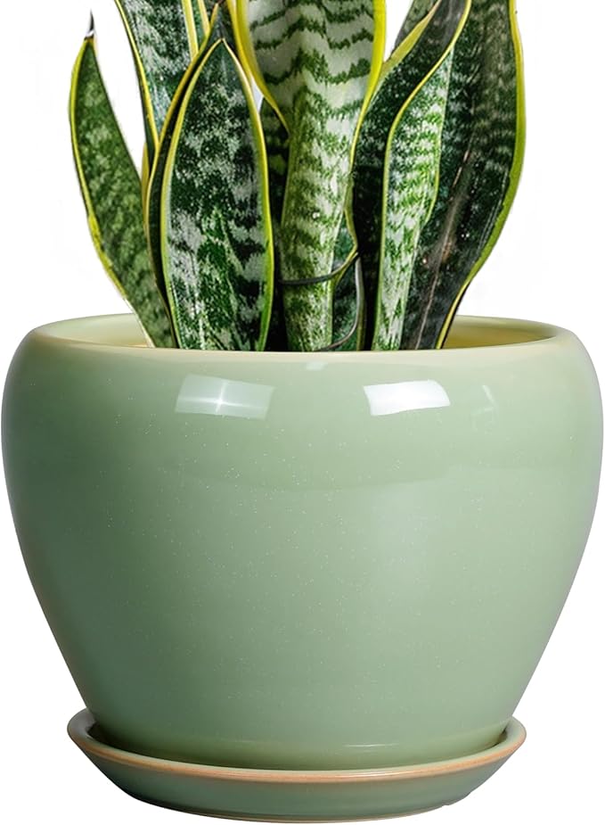 Ceramicfor 8 Inch Plant Pot - Ceramic Planter for Outdoor Plants Indoor Plant Pot with Drainage Hole and Saucer Mid-Century Round Planter Flower Pot for House Garden Green
