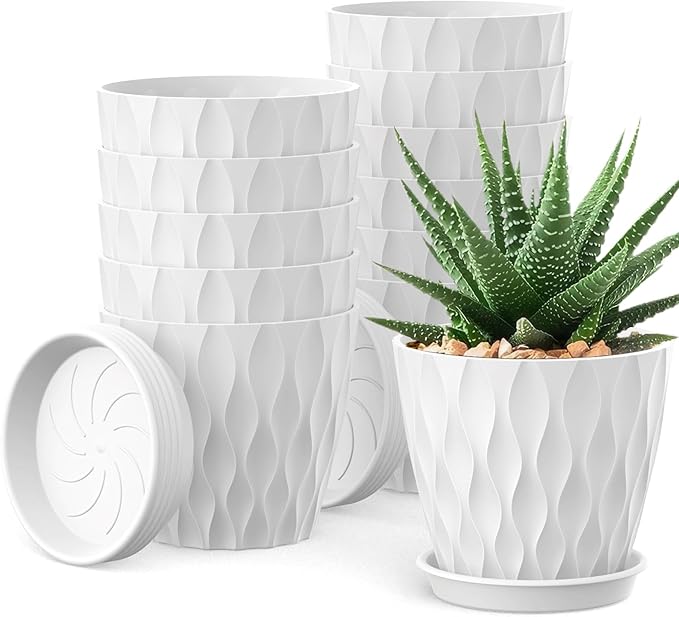 UOUZ 12 Pack 4 Inch Small Plant Pots with Saucers, Waffle Texture Plastic Planters with Drainage Holes for Indoor and Outdoor Plants, Flowers, Herbs, Succulents, and Seedlings, White