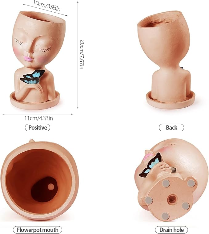 WEWEOW Face Planters for Outdoor Plants, Resin Succulent Pots with Drainage Hole Cute Lady Face Flower Pots