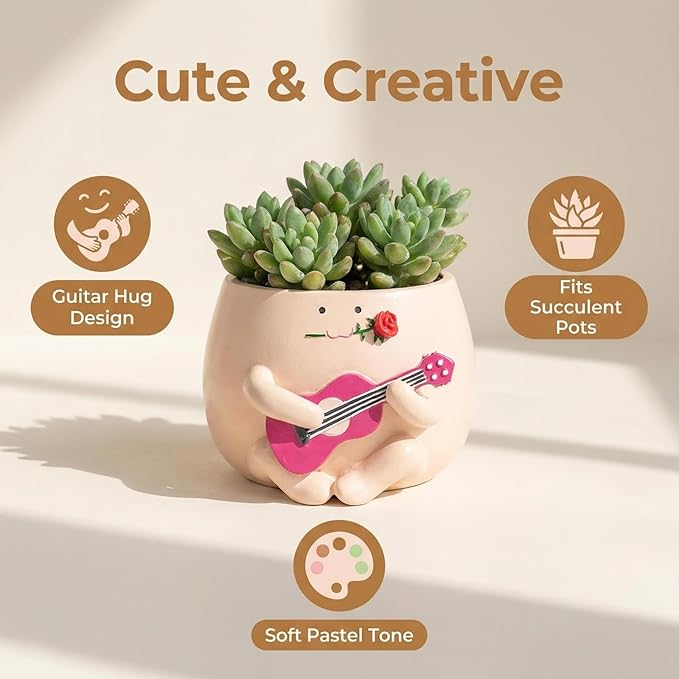 TEARS OF GAIA Lovely Face Planter Pot, Cute Resin Flower Head Planters with Drainage, for Mom, Funny Succulent Plant Lover Gift, Unique Gift Ideal for Plant Lovers (Guitar Baby)