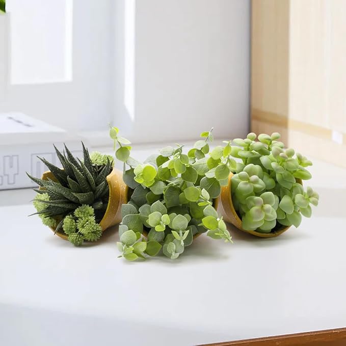 3 Pack Artificial Succulent Plants, Small Potted Fake Plants, Artificial Eucalyptus Leaf Aloe Vera Plants, for Home Decor, Farmhouse Bathroom Office Decor