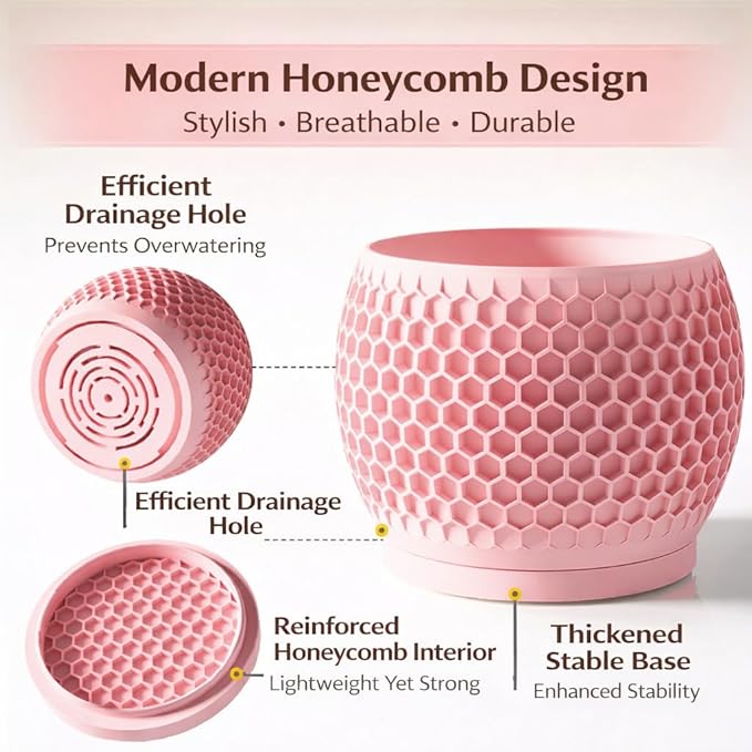 Plant Pots, Modern 3D Printed Honeycomb Planters for Indoor Plants, 4.7/6/8 Inch Cherry Pink Decorative Flower Pot for Office Desktop, Bookshelf & Home Decor, Lightweight & Durable.
