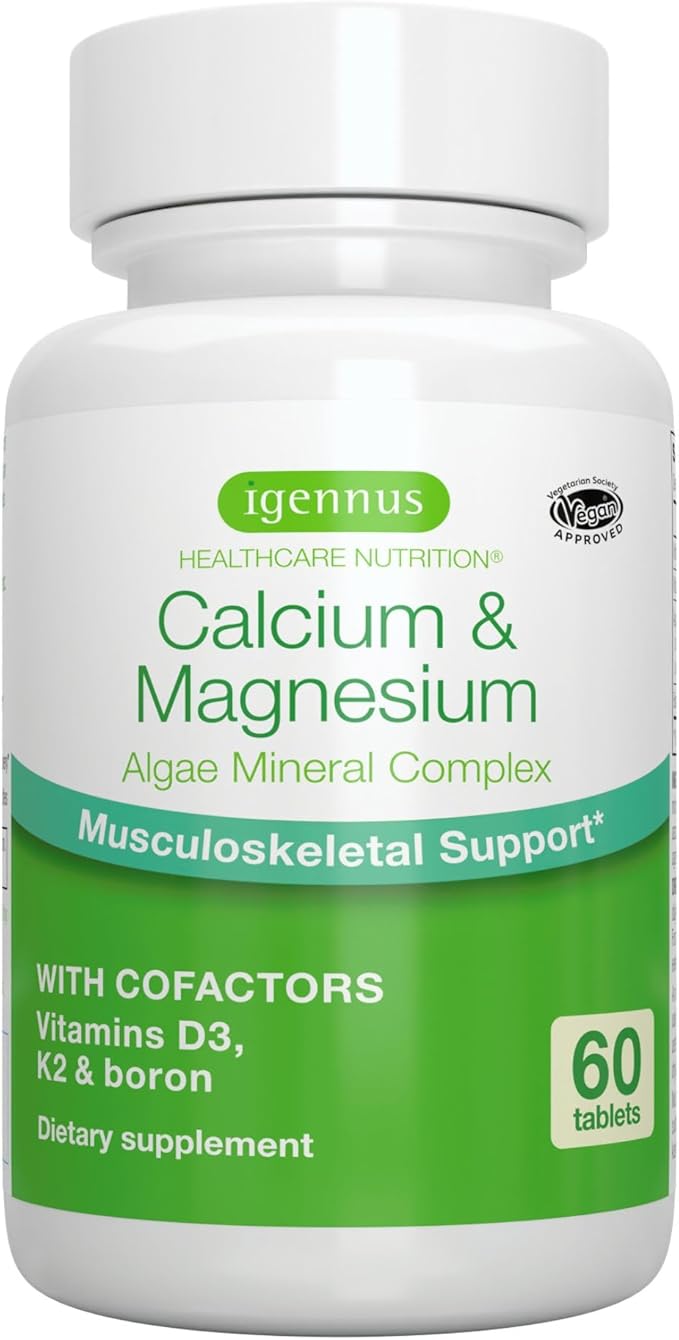 Igennus Red Algae Calcium Magnesium Complex, Comprehensive Bone Support with K2, D3 & Boron, High Absorption Minerals, Vegan & Plant Based, Non-GMO, 60 Tablets