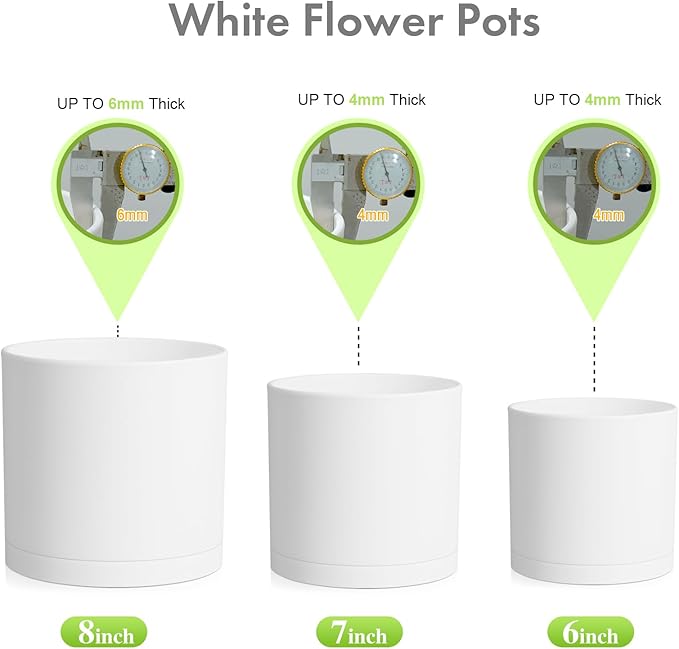 Meowell 8/7/6 inch Plant Pots, Set of 3 Cylinder Flower Pots for Outdoor Indoor Plants, Decorative Plastic Planters with Drainage Holes and Saucers for Garden House Plants, White
