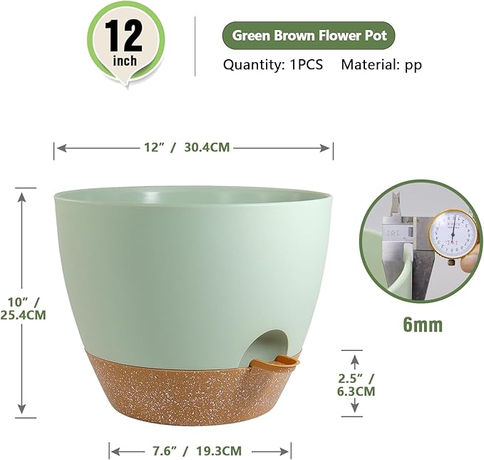 Meowell 12 inch Large Self Watering Pots, Plant Pots with Mesh Drainage Holes for Indoor Outdoor Plants, Plastic Planters with Deep Reservoir for Garden House Flower Plants, Green with Brown