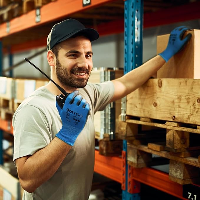 KAYGO Work Gloves for Men and Women, 12 Pairs Seamless Knit PU Coated Safety Gloves, with Smooth Grip on Palm and Fingers, Ideal for Light Warehouse, Manufacturing, Gardening, KG11P (L, Blue)