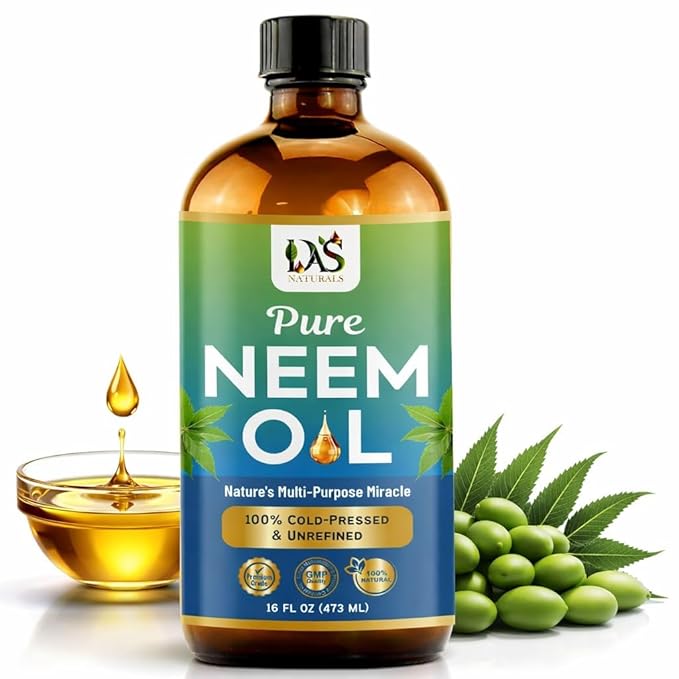 Pure Neem Oil for Plants, Hair Growth & Skin — 100% Cold-Pressed Unrefined Concentrate | Indoor, Outdoor Garden | Face, Scalp, Nails, Pets | 16 fl oz