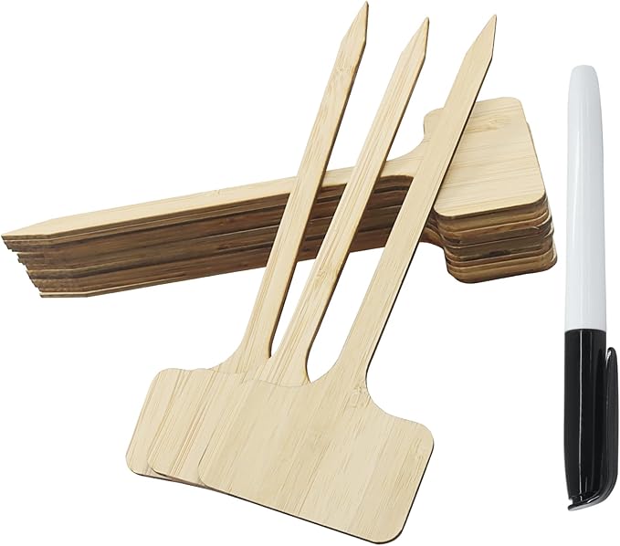 30Pcs Bamboo Plant Tags (6 x 18 cm) T-Type Plant Tags with A Marker Pen, House Plant Labels Garden Markers for Bamboo, Herb, Vegetable