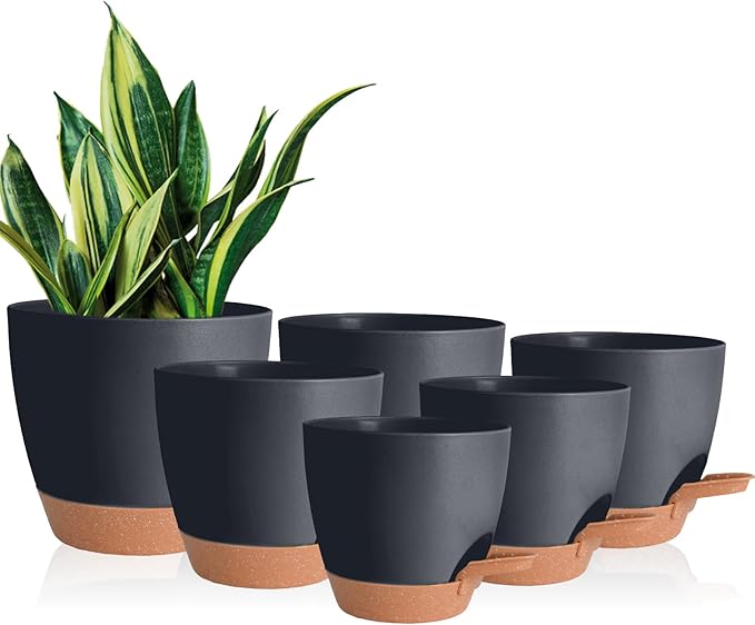 Vanslogreen Planters for Indoor Plants, 8/7/6.5/6/5.5/5 Inch Self Watering Plant Planters with Drainage Hole, Plastic Planters Flower Pots for Indoor Outdoor Plants (Black)