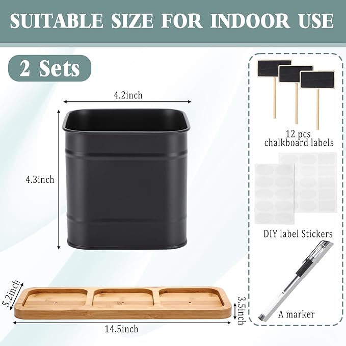 LemonRoad 6 Pcs Indoor Herb Planter Window Herb Pots for Kitchen with Drainage Hole and Bamboo Tray Farmhouse Metal Garden Planter Pot with DIY Label Mom Plant Gift(Black,Square)