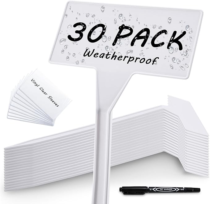 Outdoor Plant Label, 30 Pack Large Waterproof Plastic Plant T-Type Tags, Reusable Nursery Tag for Herbs Flowers Vegetable (White)