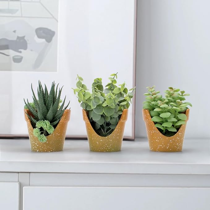 3 Pack Artificial Succulent Plants, Small Potted Fake Plants, Artificial Eucalyptus Leaf Aloe Vera Plants, for Home Decor, Farmhouse Bathroom Office Decor
