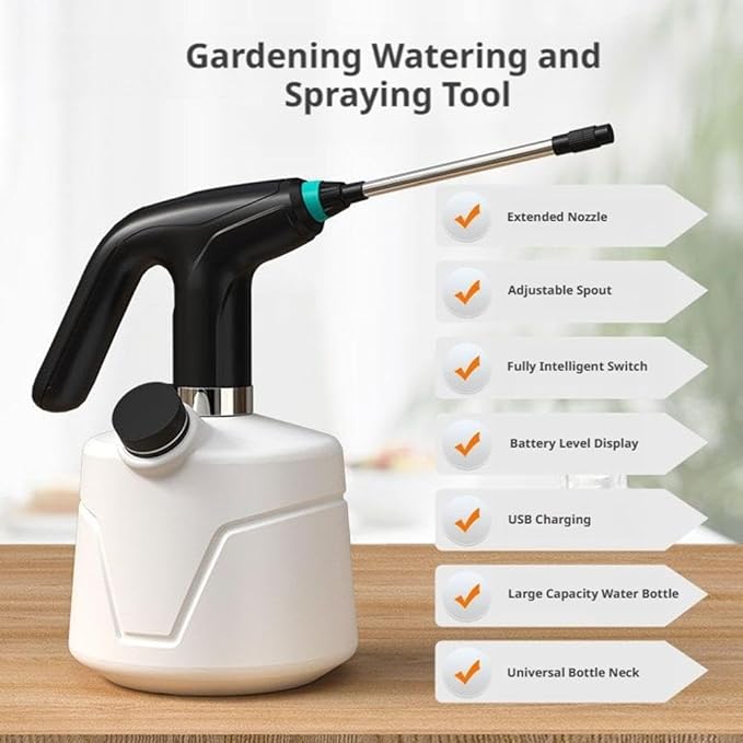 Electric Spray Bottle 2L, 1300mAh Rechargeable Battery Powered Sprayer Watering Can With Adjustable Spout &Extended Nozzle for Outdoor Gardening, Plants & Flowers,Car/window Clean, Fertilizing (Black)