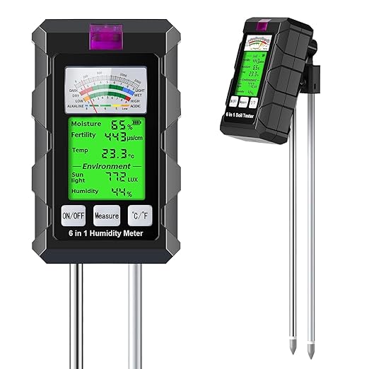 6-in-1 Soil Moisture Meter, Hygrometer for Plants with Soil Moisture, PH Meter, Temperature, Sunlight, Fertility, Environmental for Farming, Gardening (2*AAA Battery Needed)