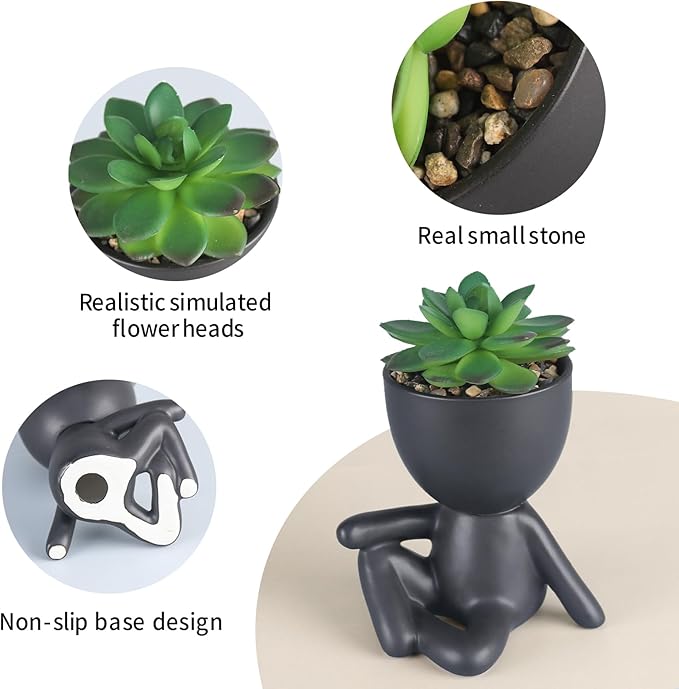 3 Pcs Succulent Artificial Plants Indoor Fake Plants for Office Desk Bathroom Bedroom Room Aesthetic Decor Accessories with Cute Creative Humanoid Ceramic Planter