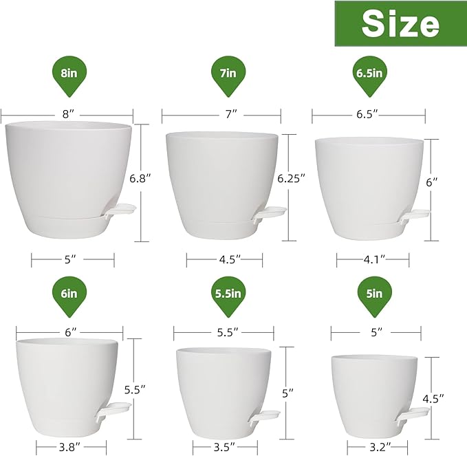 Vanslogreen Planters for Indoor Plants, 8/7/6.5/6/5.5/5 Inch Self Watering Planters with Drainage Hole, Plastic Planters Flower Pots for Indoor Outdoor Plants (Matte White)