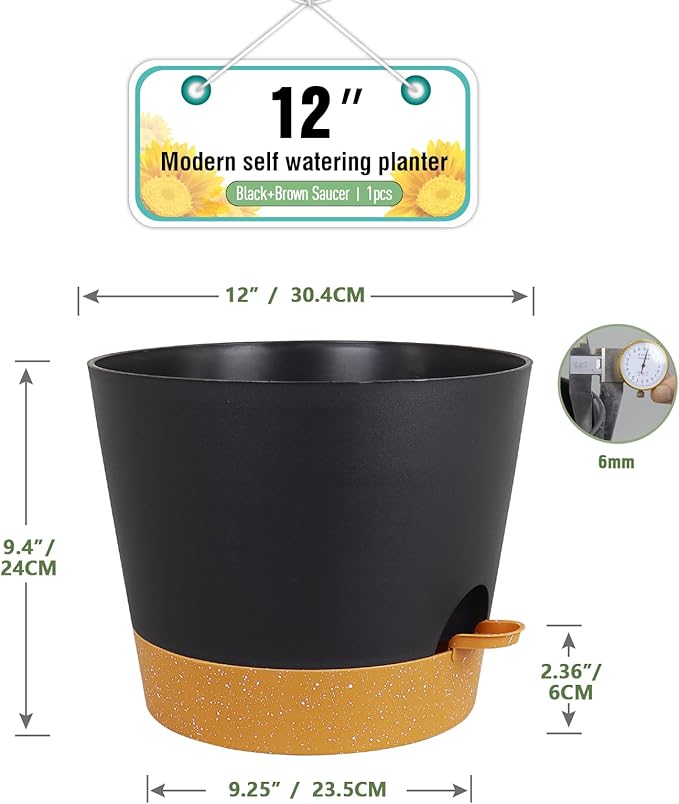 Meowell 12 inch Large Self Watering Pots, Plant Pots with Mesh Drainage Holes for Indoor Outdoor Plants, Plastic Planters with Deep Reservoir for Garden House Flower Plants, Black with Brown