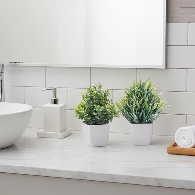 CEWOR Fake Plants 4 Packs Small Artificial Greenery Mini White Potted Plants Bathroom Accessories Decorations for Desk Bathroom Office Home Room Kitchen Table Indoor