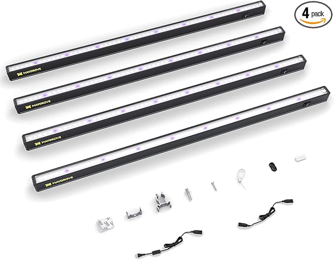 Maygrove T5 Grow Lights for Indoor Plants 2FT, Blue-Rich Full Spectrum 5000K Grow Light, 60W(4 x 15W), Grow Light Strips for Seed Starting, Greenhouse, High PPFD, Linkable, Black, 4-Pack