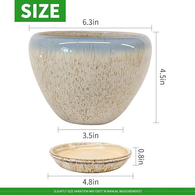 Deep Dream 6 Inch Plant Pots- Ceramic Planter Pot with Drainage Hole and Saucer, Round Flower Pot for Indoor Outdoor Succulent, Snake Plants and Cactus, Beige&Blue