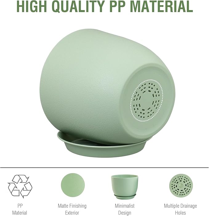 Meowell 12 inch Big Plant Pots, Plastic Planters with Drainage Holes and Trays, Flower Pots for Indoor Outdoor Plants, Modern Decorative Pots for Garden House Plants, Green