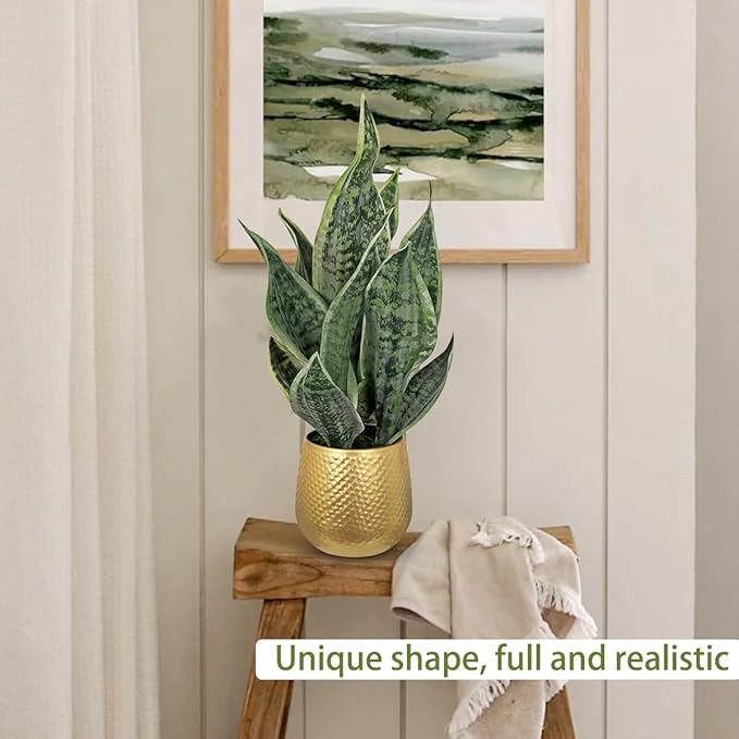 DILATATA Artificial Snake Plant in Gold Pot, 18” Faux Sansevieria Potted Plant for Home Office Decor, Fake Snake Plants Indoor Modern Tabletop Decor Faux Mother in Law Tongue