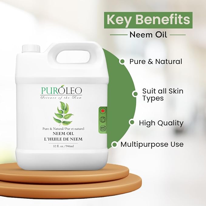 PUROLEO NEEM Oil 32 Fl Oz/946 ML (Packed in Canada) 100% Pure and Natural Neem Oil for Multipurpose Use | Neem Oil extracted from NEEM Plante Chemical Free Neem Oil Spray