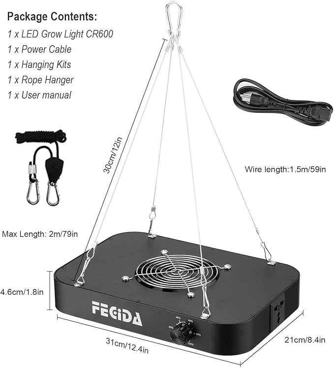 FECiDA 1200W Equivalent LED Grow Light, 130 Watt Power Draw Full Spectrum Grow Lights for Seed Starting, Seedlings, Veg, Bloom, 0–100% Dimmable, Daisy Chain, Quiet Cooling Fan