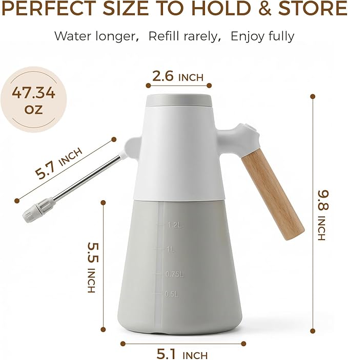 Bamworld Electric Sprayer with 180° Adjustable Long Nozzle 2 Spray Modes Battery Powered Sprayer for Indoor Outdoor Plants Gardening Cleaning Minimalist White Design with Wood Grain Handle