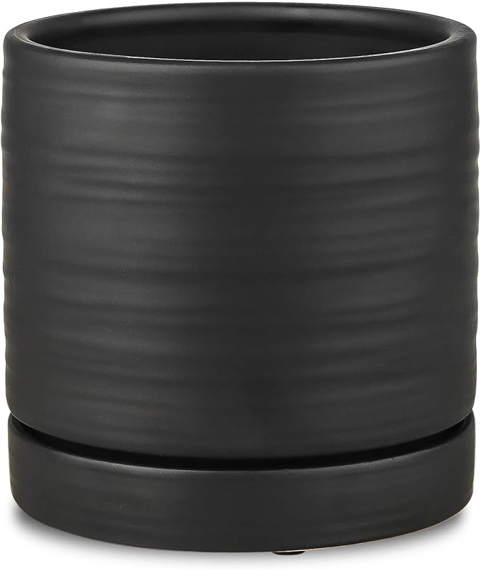 HERDUK 6 Inch Plant Pots, Ceramic Planter Pot with Drainage Hole & Saucer, Indoor/Outdoor Cylinder Round Planter Pot, Matte Black