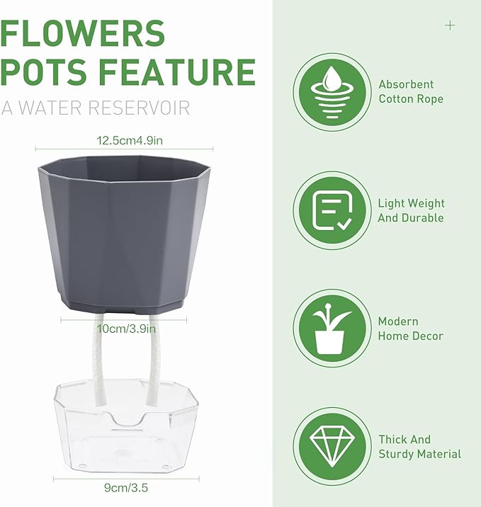 6 Pack Self Watering Planter Pots, 5 Inch Plastic Planters with Drainage Holes, Cotton Rope and Clear Reservoirs, Decorative Flower Pots for Indoor Outdoor Plants (Grey)