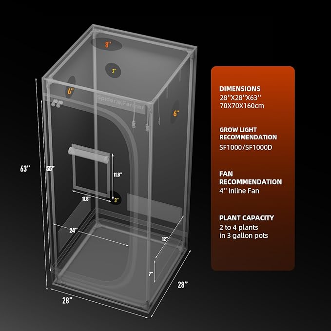 Spider Farmer 2.3x2.3 Grow Tent 2025 New, 28"x28"x63", with Hook for Controller and Power Strip, View Window, 1680D Thicken Mylar Canvas for Indoor Hydroponic Growing for SF1000, SE1500, G1500