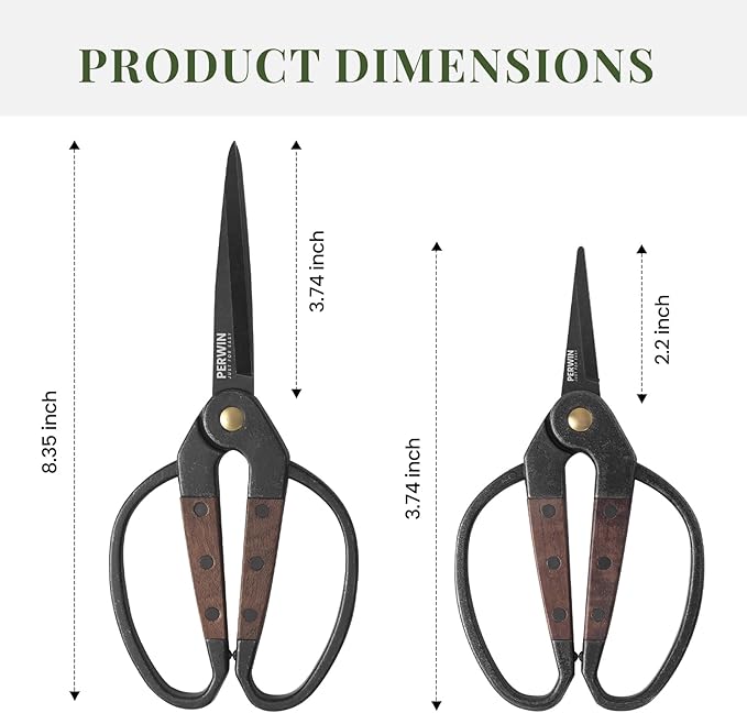 PERWIN Garden Flower Bonsai Scissors 2 Pcs Walnut Wide Handles Pruning Gardening Scissors Floral Shears for Gardening,Succulent Harvest, and Precision Plant Trimming Care